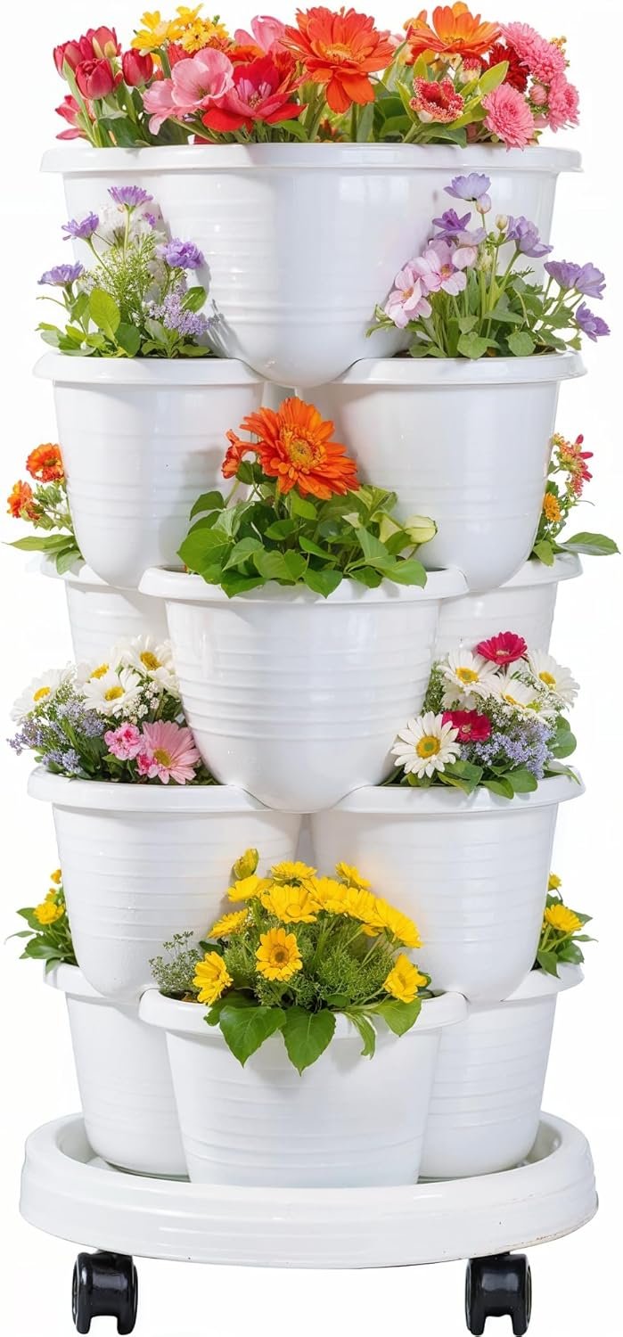 VECELO 5 Tier Vertical Garden Planter, Self Watering Stackable Planters with Wheels for Strawberries, Herbs, Flowers, Vegetables, White 2 71086hH0CL. AC SL1500 71086hH0CL. AC SL1500