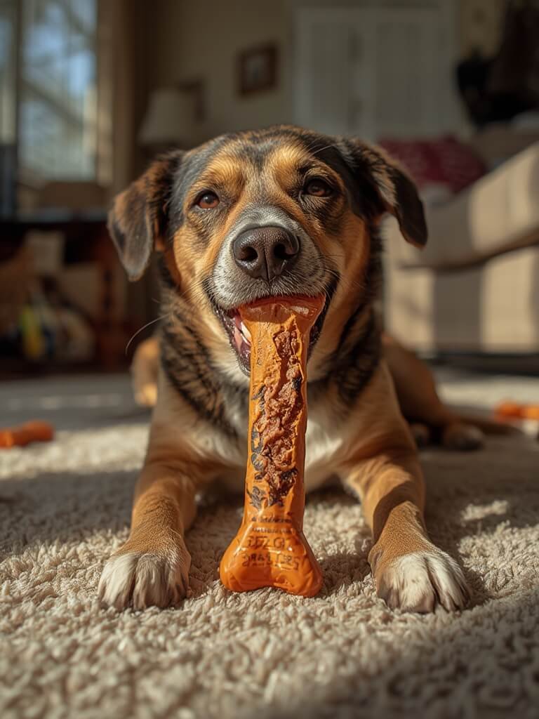 Busy Bone beggin treats dog chews in use