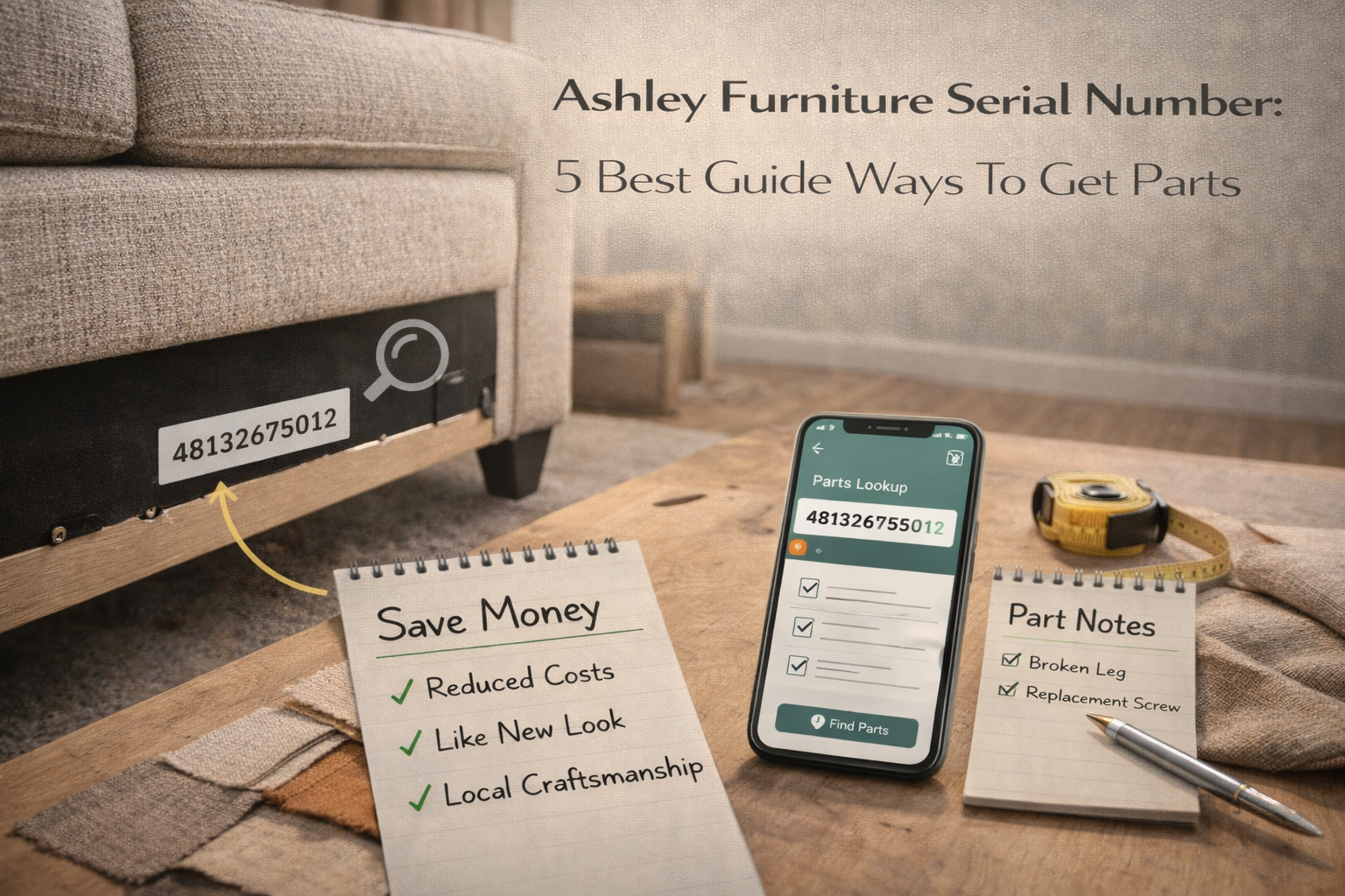 Ashley furniture serial number: 5 Best Guide Ways To Get Parts 1 Create a high-quality featured image for a home improvement and furniture help guide article titled “Ashley Furniture Serial Number: 5 Best Guide Ways To Get Parts”. Scene: A clean, realistic home interior or furniture workspace showing a sofa, chair, or bed frame with a visible furniture tag or label attached underneath or behind the piece. The label shows a serial number (numbers only, no brand logos). Nearby, include helpful tools such as a smartphone displaying a parts lookup screen, a small notebook with part notes, and a measuring tape. Add subtle guidance cues like arrows pointing to the label, a magnifying glass icon, or checklist symbols to indicate step-by-step help. Visual style: - Realistic interior or workshop lifestyle photography - Bright, neutral lighting - Clean and uncluttered composition - Neutral furniture tones with soft accents - Clear negative space for headline text overlay Concepts to communicate: - Finding furniture serial numbers - Ordering replacement furniture parts - Step-by-step guidance - Practical help for homeowners Composition details: - 16:9 aspect ratio (featured blog image) - No visible brand logos or readable brand names - Professional, trustworthy, informational look - Optimized for SEO, Pinterest, and Google Discover