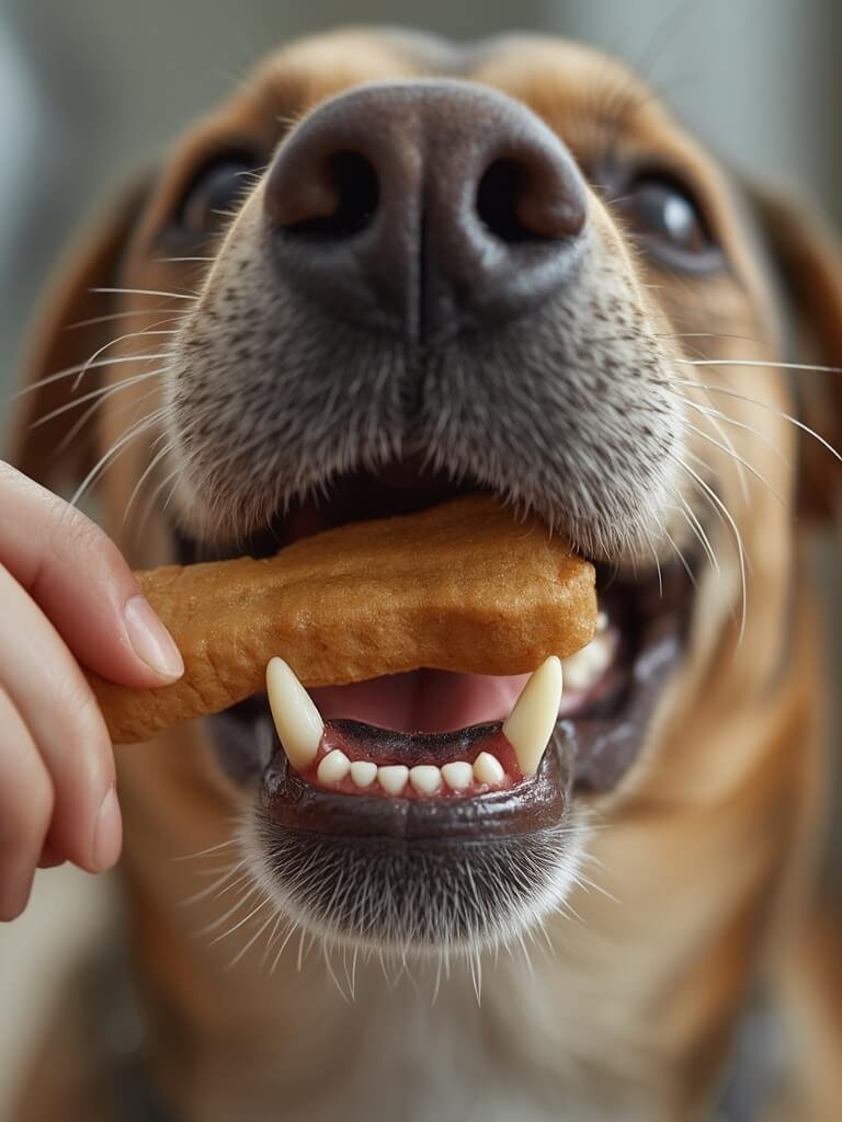 dog dental treats Greenies being given to dog for fresh breath and gum health