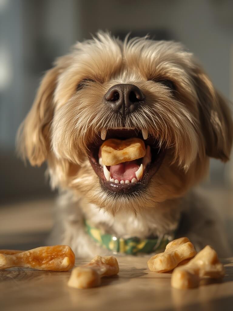 Dog happily chewing dental treats for oral care and tartar control
