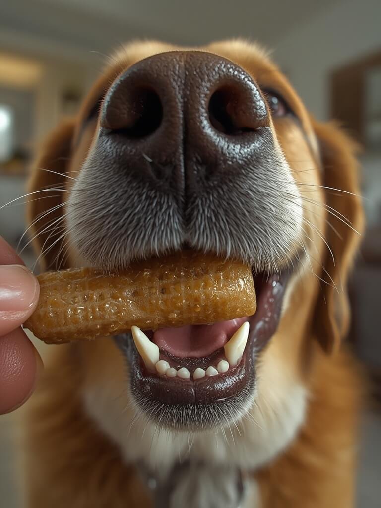 dog dental treats Milk-Bone Brushing Chews in use