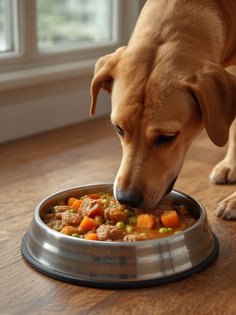small dog enjoying Purina wet dogfood meal