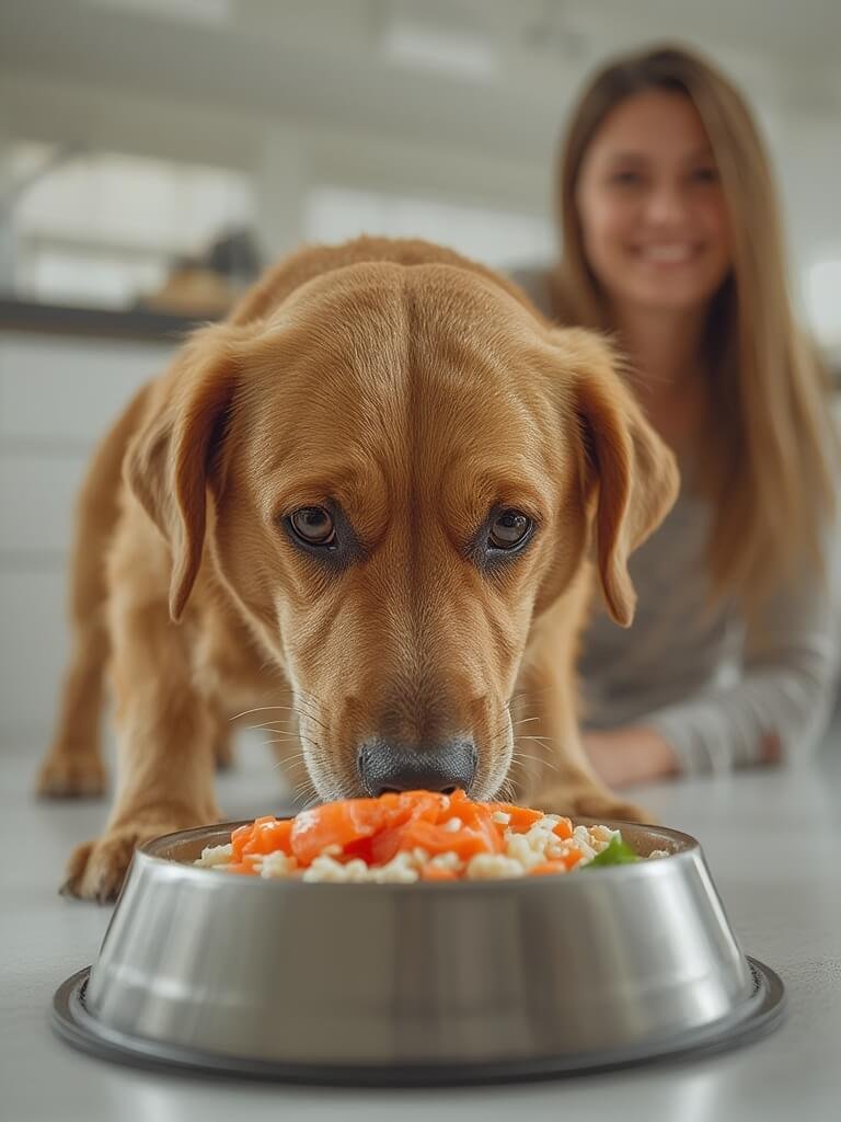 dog food with sensitive stomach formula, salmon & rice in bowl