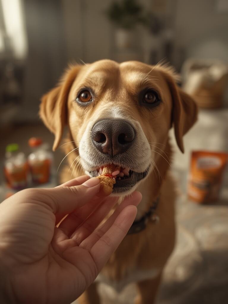 dog eating pill pouches as medication dog treats