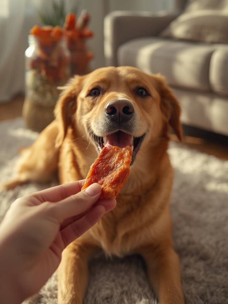 Dog enjoying healthy chicken jerky grain free dog treat