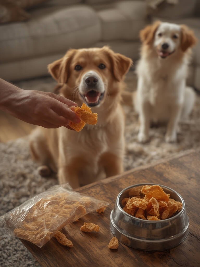dog enjoying chicken jerky treat indoors