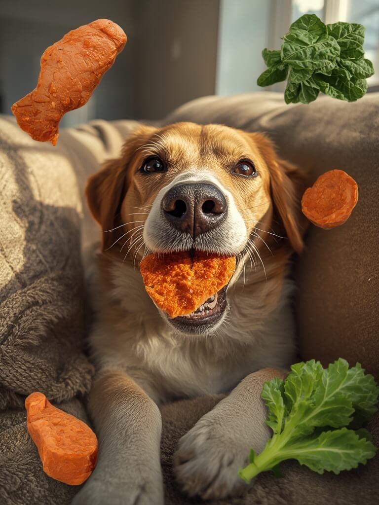 Dog happily eating duck jerky treat