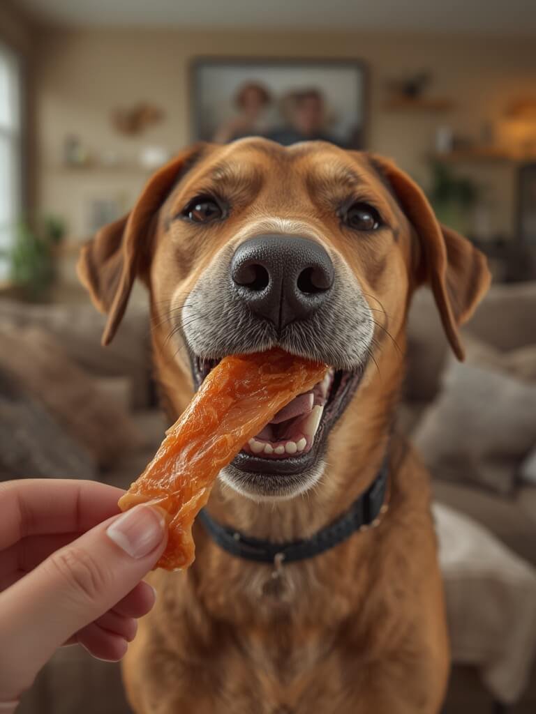 dog enjoying chicken jerky all natural high protein treat