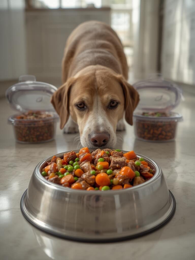 fresh dog food being portioned into a food bowl