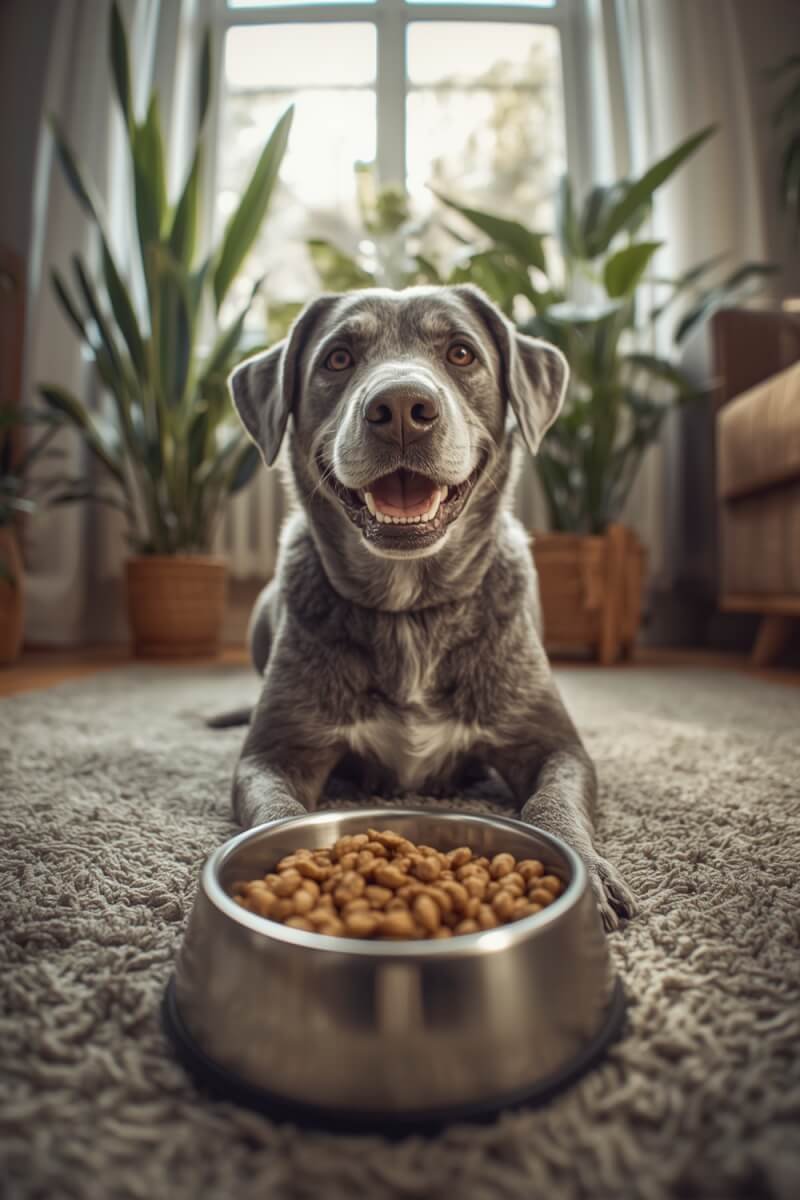 Senior dogs enjoying Hill's Science Diet dry dog food in a sunlit kitchen