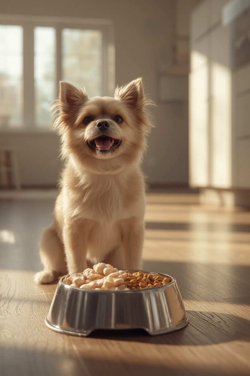 small breed enjoying premium dog food