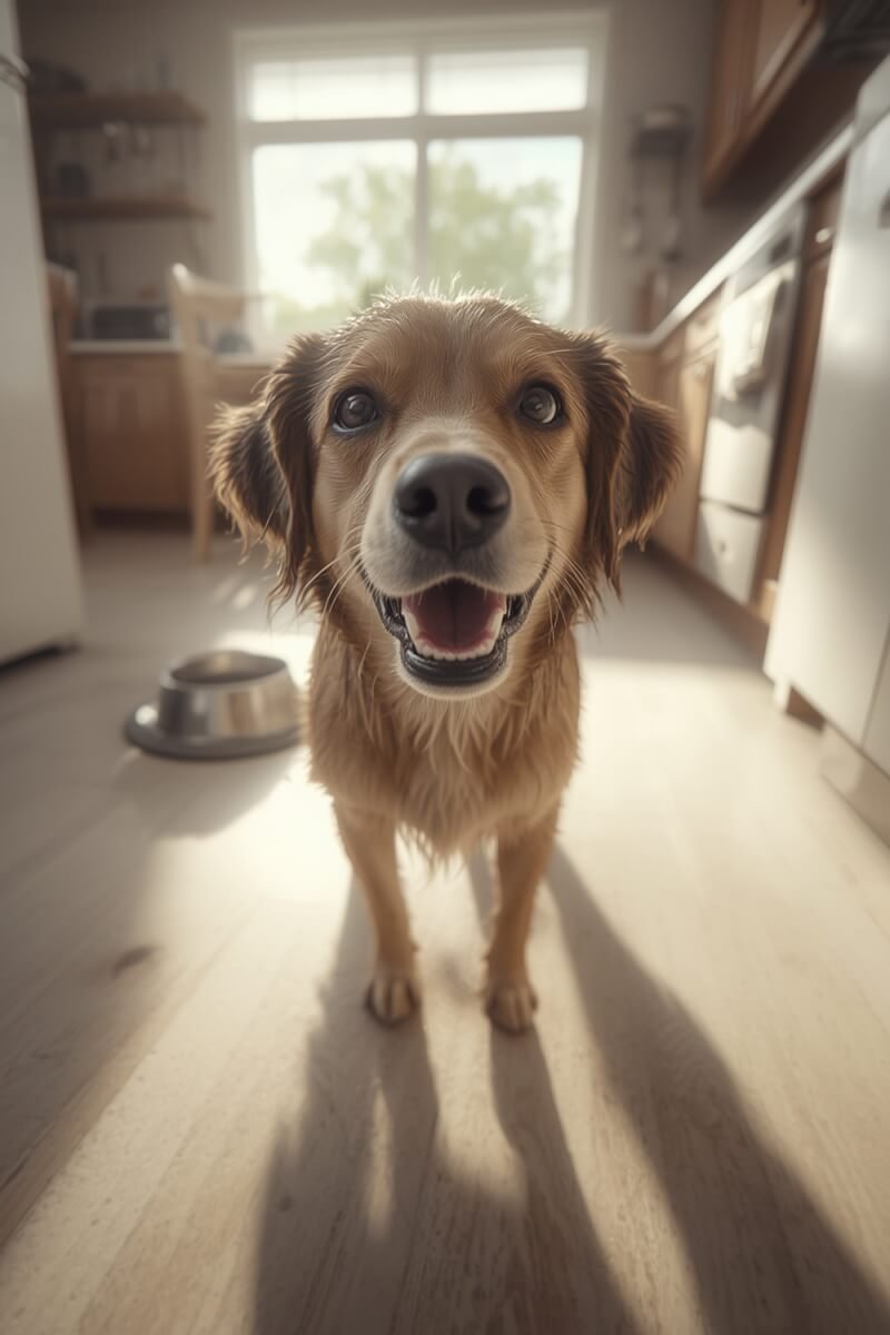 wet dog enjoying Pedigree chopped ground beef and filet mignon