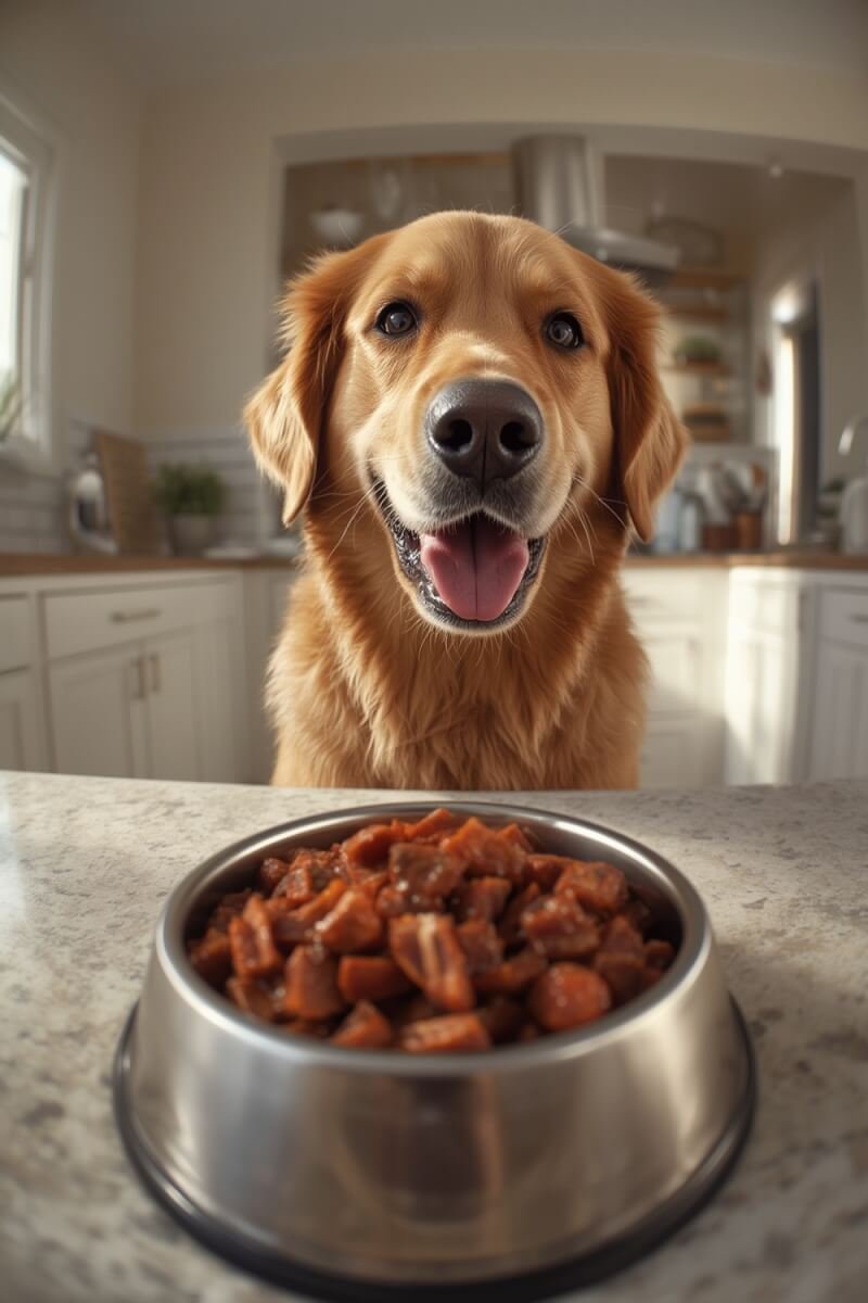 wet dog enjoying chopped dinner - pedigree pet food in use