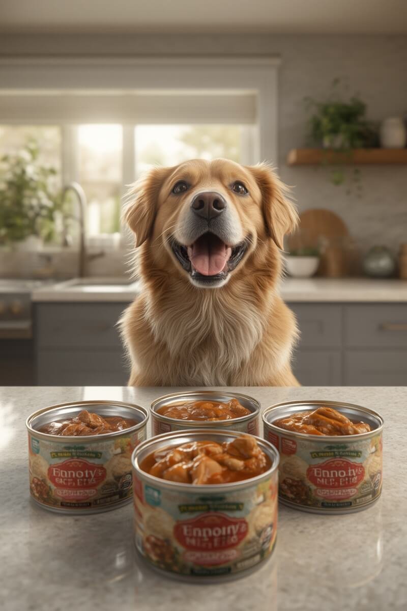 wet dogfood in can showing chunks of chicken and beef